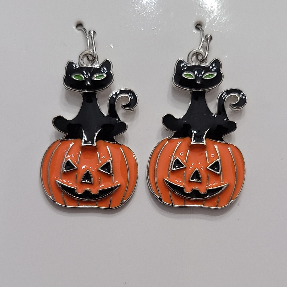 🐈‍⬛ 🎃 New Halloween Black Cat Jack-o'-Lantern Pumpkin Dangle Earrings